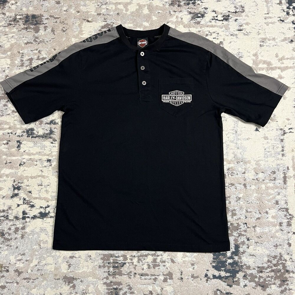 Harley Davidson Motorcycles Mankato MN 3 Button Henley Shop Shirt Men Sz L Biker